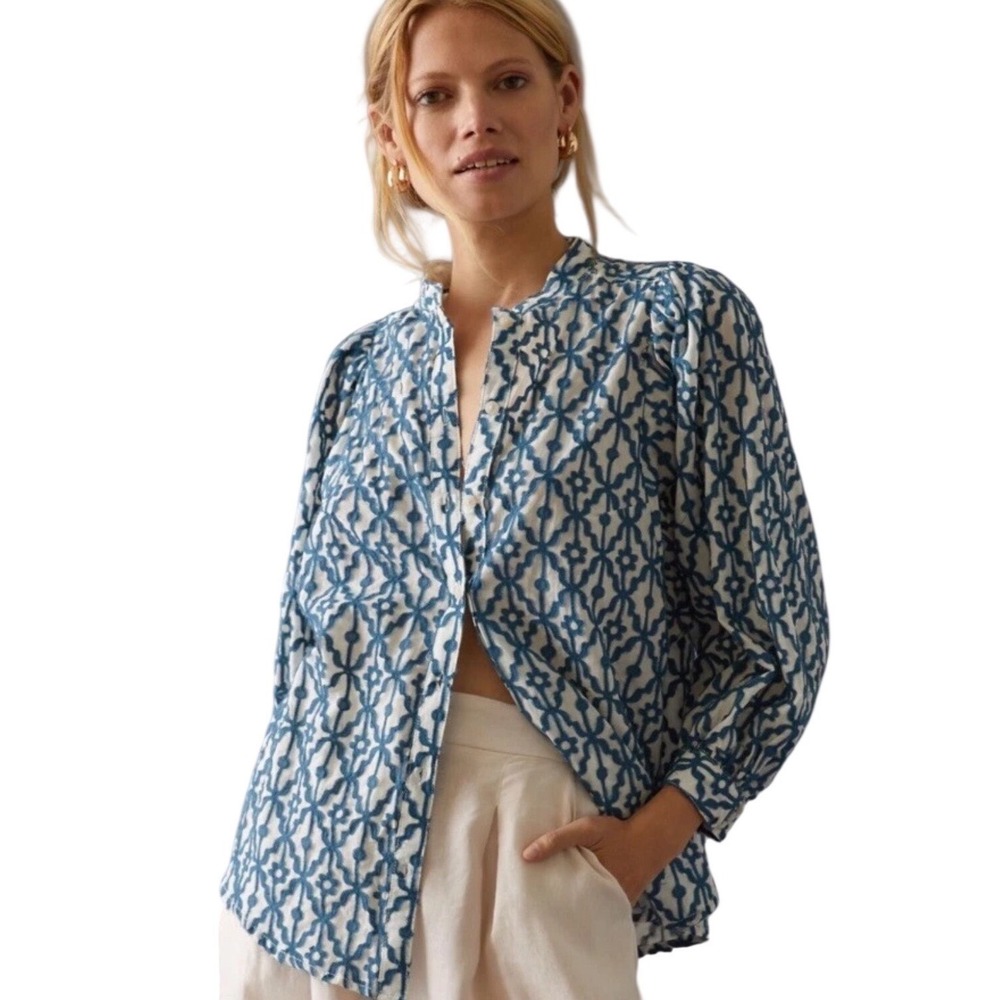 Pilcro Embroidered Buttondown Blouse Shirt Geometric XXS Balloon Sleeve‎ Boho